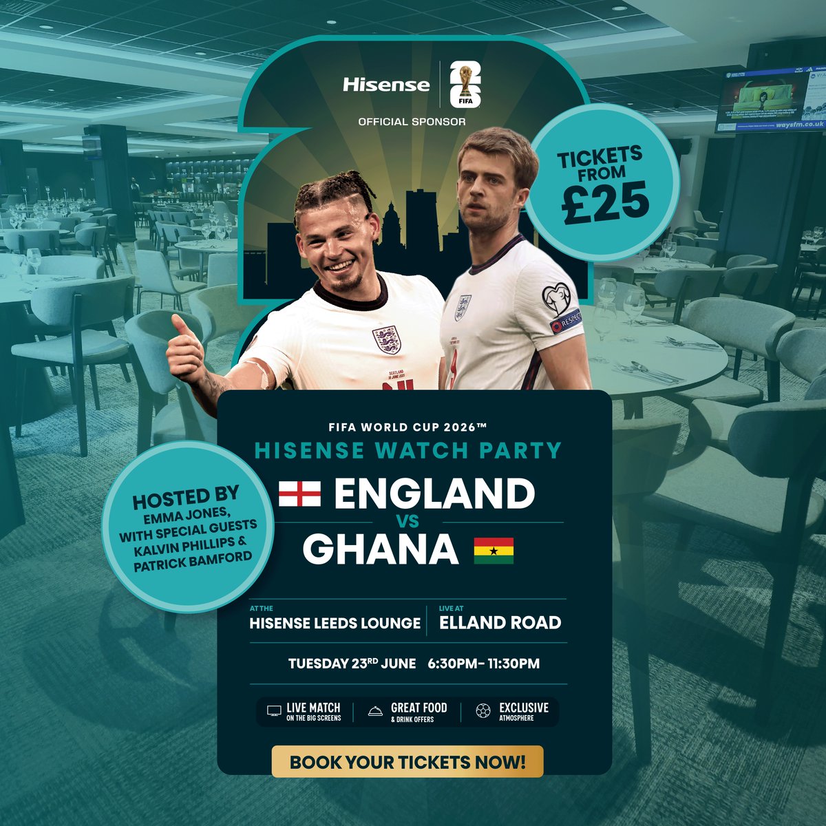 LUFC's tweet photo. 🏆 Join us at Elland Road for an exclusive live watch party for England vs Ghana with @HisenseUK, featuring special guests Kalvin Phillips &amp; Patrick Bamford!