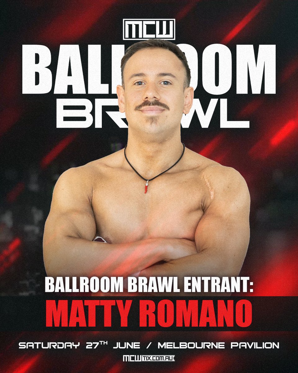 mcitywrestling's tweet photo. BALLROOM BRAWL ENTRANT

After a huge victory at High Stakes, @MattyRomanopw is officially heading to his first ever Ballroom Brawl!

With the full support of the MCW faithful behind him, the rising star now faces the ultimate challenge as he goes head-to-head with 19 other competitors in the over-the-top-rope showdown!

🎟️ Tickets at https://t.co/0vpnUYOwWq - suitable for all ages.

BALLROOM BRAWL 2026
Saturday 27th June - 7pm
Melbourne Pavilion, Kensington VIC

#MCWBallroomBrawl