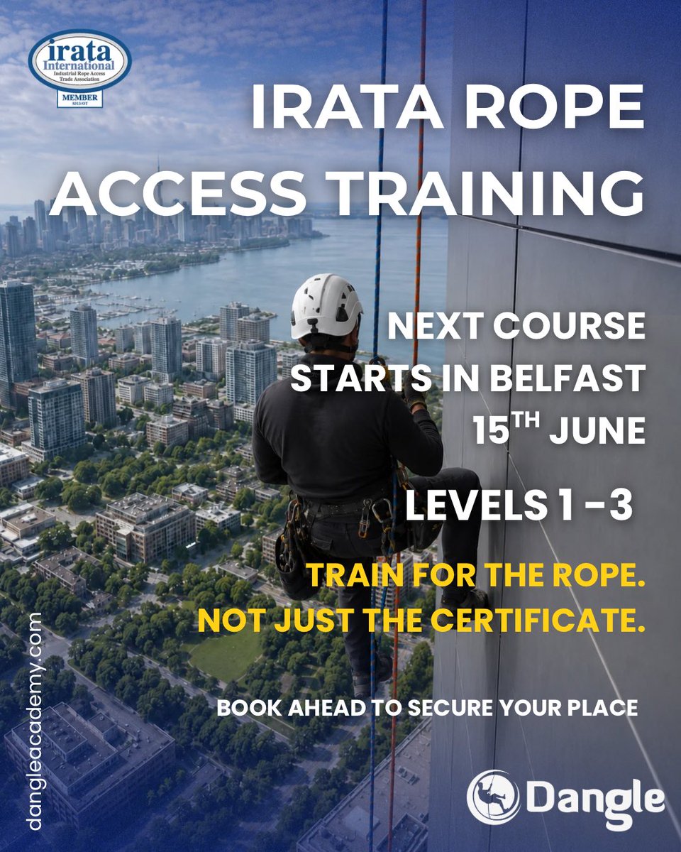 DangleAcademyNI's tweet photo. IRATA Rope Access Training starts in Belfast on 15th June.
Levels 1–3 available, with 5 full days of training followed by independent assessment.
Train for the rope. Not just the certificate.
Book ahead to secure your place.
#IRATA #RopeAccess #Belfast https://t.co/CP6Aq77DjN