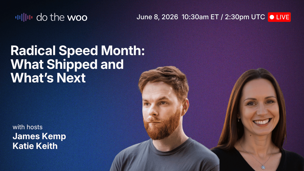 DotheWoo's tweet photo. New livestream... mark you calendar. Join hosts @KatieKeithBarn2 and @jamesckemp  as they look back at Radical Speed Month at WooCommerce
June 8, 2026 10:30am ET / 2:30pm UTC

https://t.co/2GMJyhF0m5 https://t.co/GkW98k72fG