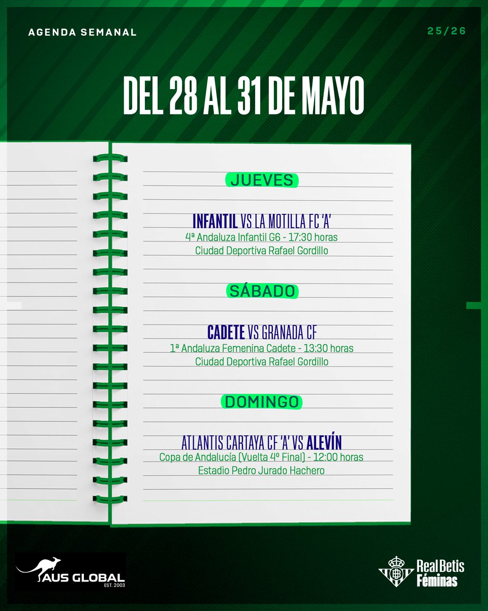 RealBetisFem's tweet photo. 🗓️⚽️💚

¡Consulta la agenda de cantera!

#BetisFéminas https://t.co/RThaVwhg0s