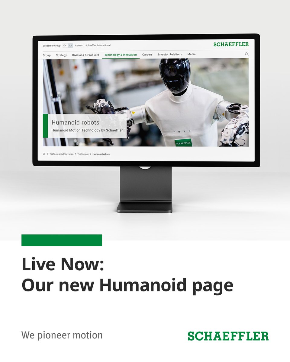 SchaefflerGroup's tweet photo. Our new #HumanoidRobotics website is live! We are driving the next generation of humanoid robotics with motion technology, AI-powered automation, and solutions designed for real industrial environments. 👉 Explore more: https://t.co/avM2jy4Vax #TheMotionTechnologyCompany https://t.co/t2jiBPsuDC