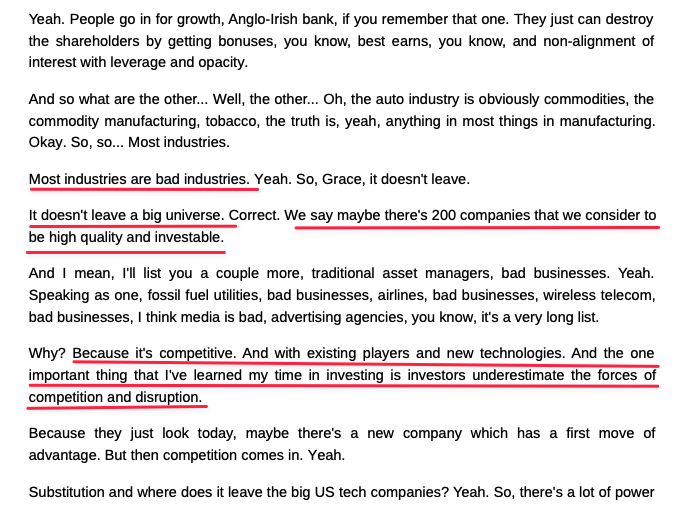 sajithpai's tweet photo. The Chris Hohn podcast w @NicolaiTang1 was amongst the most interesting transcripts I have read of late (Pair it with the FT article on Chris Hohn). 

Chris Hohn is a legendary investor, runs the most profitable hedge fund in the world, with a hyperconcentrated portfolio (15 cos across $77b AUM) selected for their pricing power (ability to price above inflation).

What I found interesting was their extremely constrained top of funnel (TOFU) of 200 companies that are quasi-monopolies or have limited competition / high barriers to entry. Nalanda in India has a similar constrained TOFU of 75-80 companies (filtered via ROCE, durability of revenue, ease of understanding, and governance). As w TCI / Chris Hohn's investing strategy, they too try to hold for ever.

I dont think all great investors have such hyperconstrained TOFU but interesting to have these explicit filters.

Wondering if an Indian fund tried to mimic Chris Hohn / TCI strategy what companies they would identify. Some candidates from my side (Happy to correct if you think otherwise)
- IEX / MCX
- GMR Airports
- Indigo (TCI doesnt do airlines but perhaps in India)
- ITC? (though only in Tobacco)
Others? Curious what seasoned public mkt investors think of these and other names?