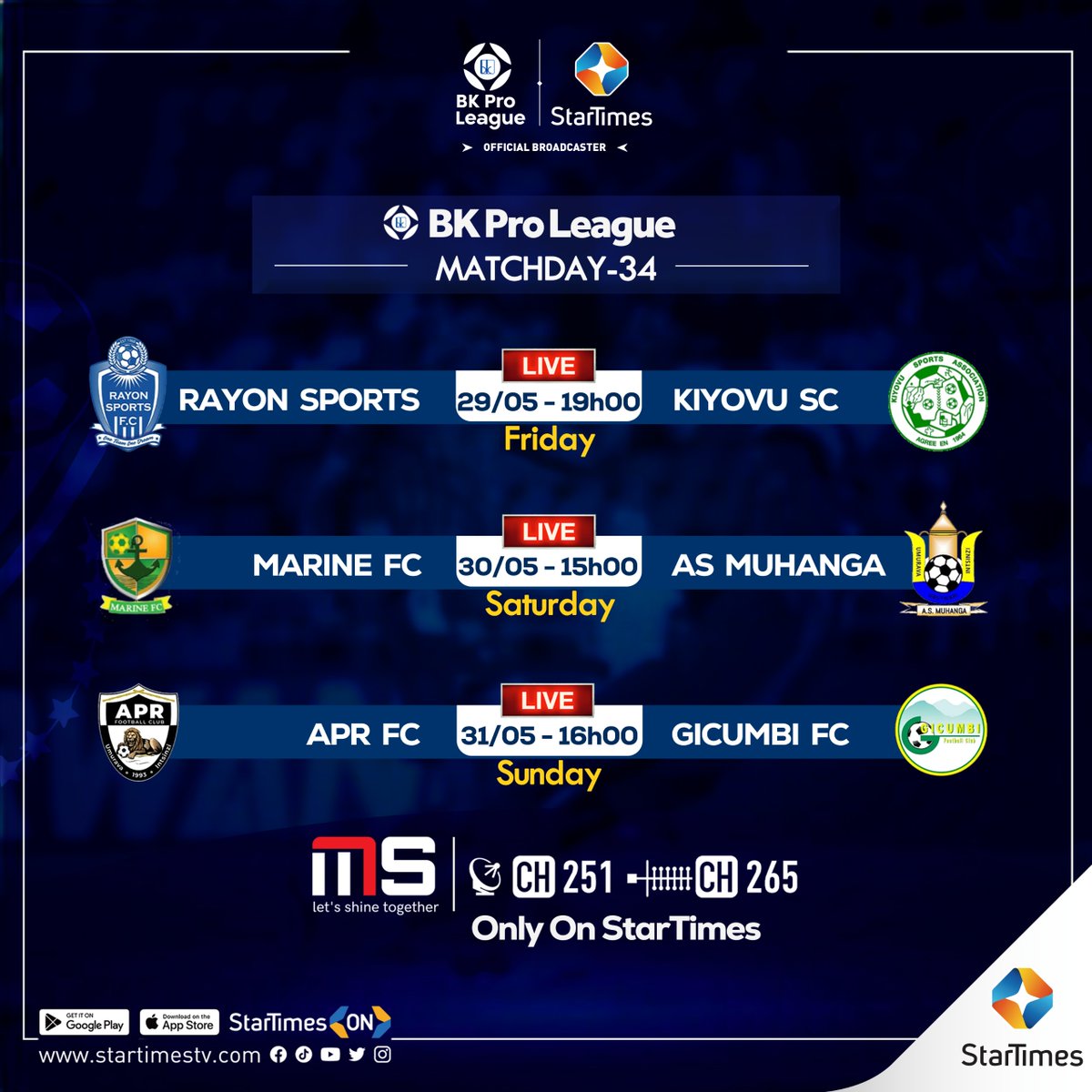 startimesrwanda's tweet photo. BK Pro League irakomeje Ntuzacikwe n'imikino yo ku munsi wa 34 kuri shene ya Magic Sports gusa. CH251/265
#aprfc #bkproleague #startimesrwanda #magicsports https://t.co/tMkgw23kVL
