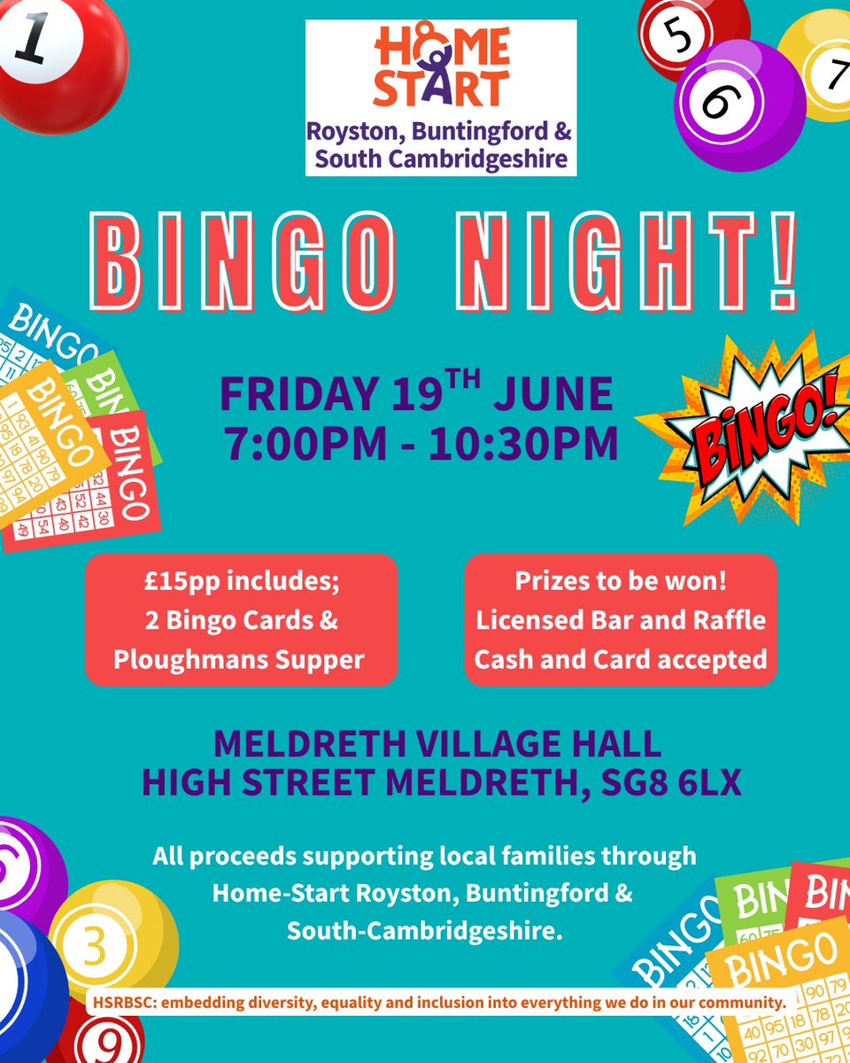 HomeStartRSC's tweet photo. 🎉 Bingo Night in South Cambridgeshire! 🎉
Join us at Meldreth Village Hall on Fri 19 June for laughs, prizes &amp; friendly competition.
£15 includes bingo &amp; a ploughman’s supper, plus raffle &amp; bar 💜🧡
Don’t miss out! book now:
https://t.co/OrRzDNK6dn https://t.co/ZGxO3dBuT6