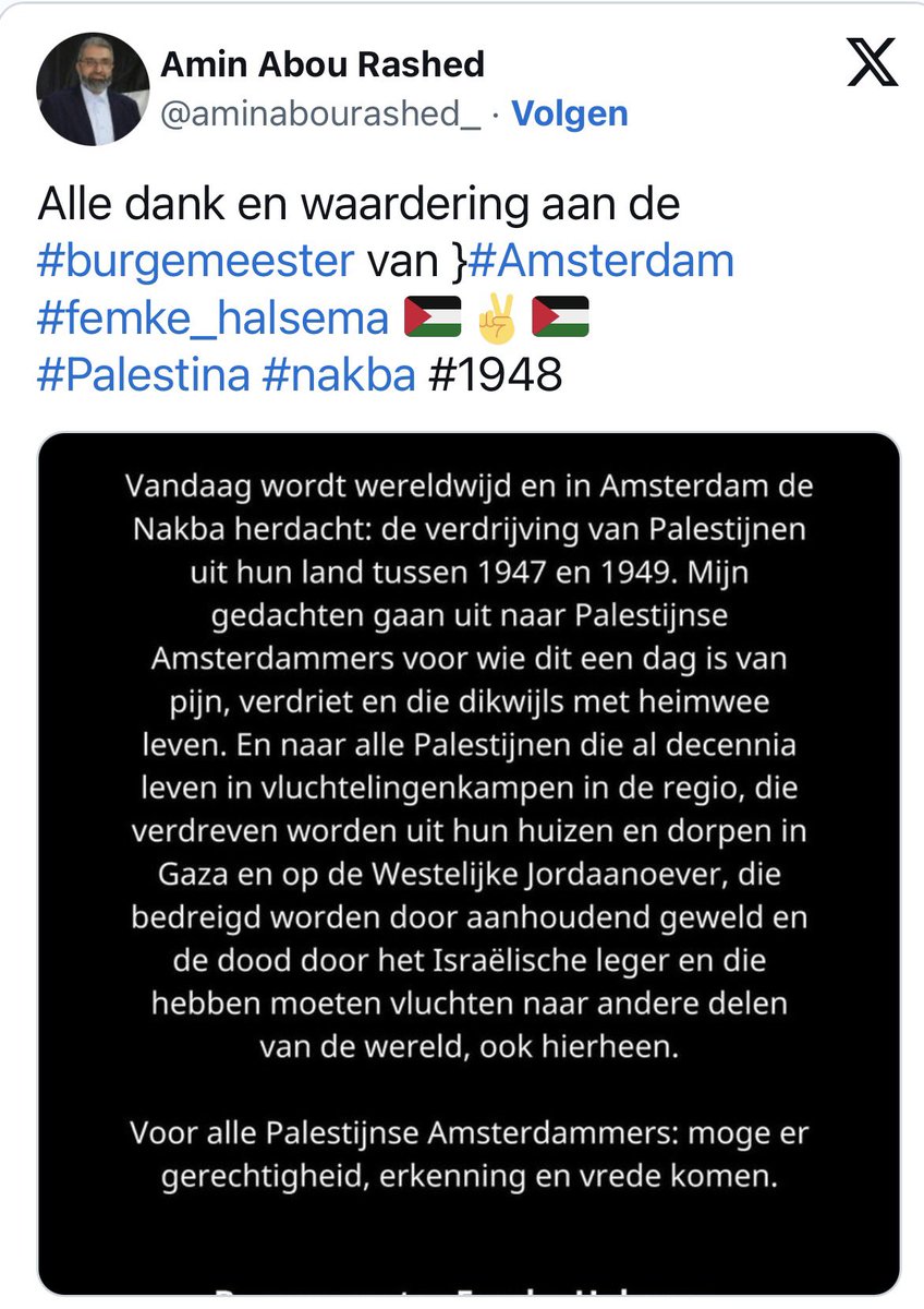 RonnyNaftaniel's tweet photo. #Halsema sprak van “absolute schande”, toen Pally-activisten een raadsdebat verstoorden met een spandoek “Hannie&Hamas is gewapend verzet”. Die boosheid begrijp ik niet. 
Zij oogstte wat ze gezaaid heeft. Met haar #Nakba verklaring, die de Palestijnen als onschuldige lammetjes neerzet en Israël als wrede agressor, gevolgd door de lof van Hamas knuffelaar #AbuRashed, roep je dit soort acties op. 
Femke, in plaats van zo boos te worden op vier actievoerders zou ik eens in de spiegel kijken.