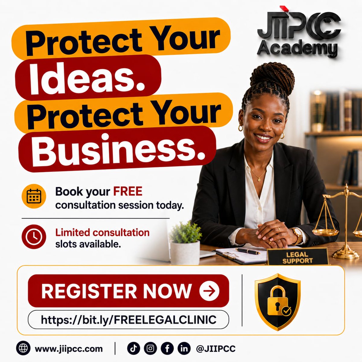 jiipcc's tweet photo. The  FREE Legal Clinic is here to help.

Get access to: 
✔ FREE 20-minute consultation sessions
✔ Contract review support
✔ Guidance from legal professionals
✔ Legal insights tailored to your work or business

Register now:
https://t.co/thPkDlVuoA

#JIIPCC #LegalClinic https://t.co/IiRIyV9trL