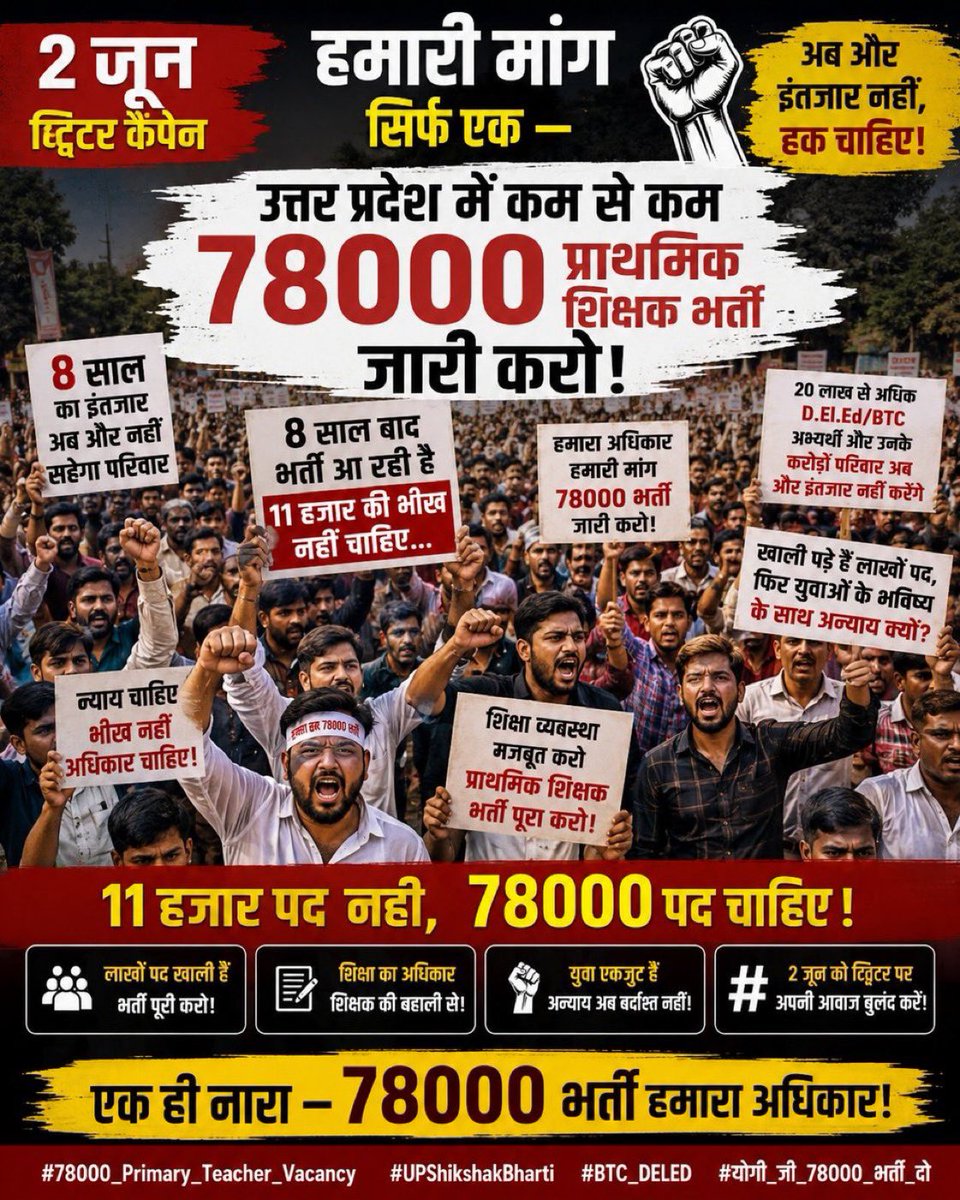 TANUCHA80101607's tweet photo. 📢 योगी जी, UP पुलिस की तरह बेसिक शिक्षा विभाग में भी 78,000 पदों पर नई प्राथमिक शिक्षक भर्ती दीजिए। 🙏
⏰ 2 जून को महा ट्विटर अभियान
पदों में वृद्धि और नई भर्ती की मांग को लेकर सभी साथी जरूर जुड़ें। ✊
एक ट्वीट, लाखों युवाओं की आवाज़। 🙏📚 https://t.co/l7jIbVgeaf