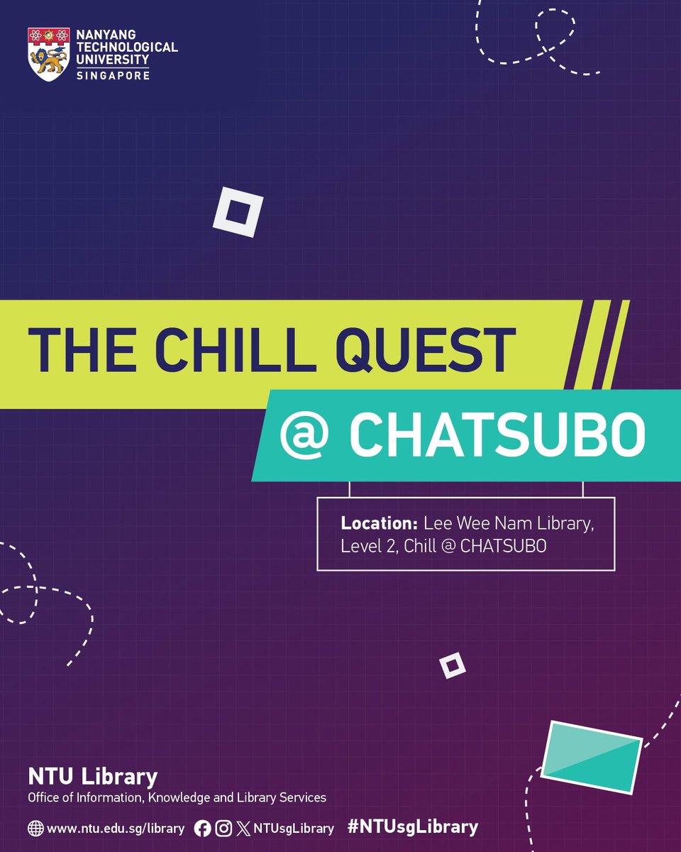 NTUsgLibrary's tweet photo. 📜✨ New quest unlocked!
 
Guess the 10 icons within Chatsubo at #LeeWeeNamLibrary. Claim your Chill Quest rewards 🎁 by getting them all correct! ✔️
 
Step 1: SPOT all 10 icons within Chatsubo.
Step 2: SNAP a photo of the icons.
Step 3: SEND to https://t.co/z18BM3OZyF! https://t.co/wM9WiZKlMA