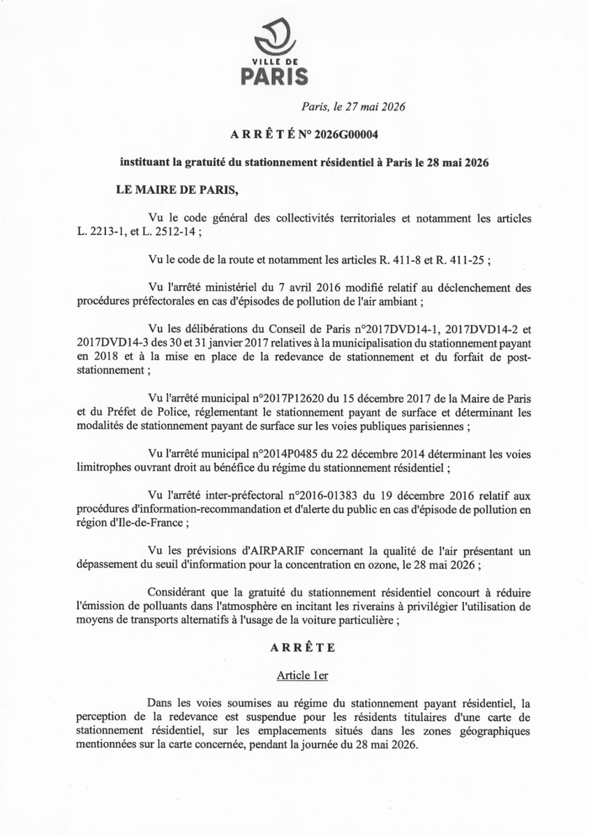 Mairie17's tweet photo. 🚗 En raison d’un épisode de pollution à l’ozone annoncé par @Airparif pour ce jeudi 28 mai en Île-de-France, la gratuité du #stationnement résidentiel est mise en place à Paris.

#Paris17 https://t.co/CZ4Au1Di5t