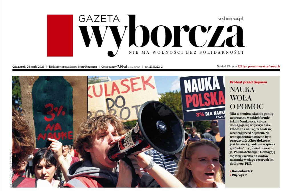 AlicjaGardulska's tweet photo. U nas dziś protest na jedynce. A w środku https://t.co/kXNSMoMsDc. komentarz @romanimielski o tym, dlaczego @gazeta_wyborcza wspiera postulaty naukowców. 
Link:  https://t.co/b0i0J3UuZP https://t.co/7fnhMlVqHM