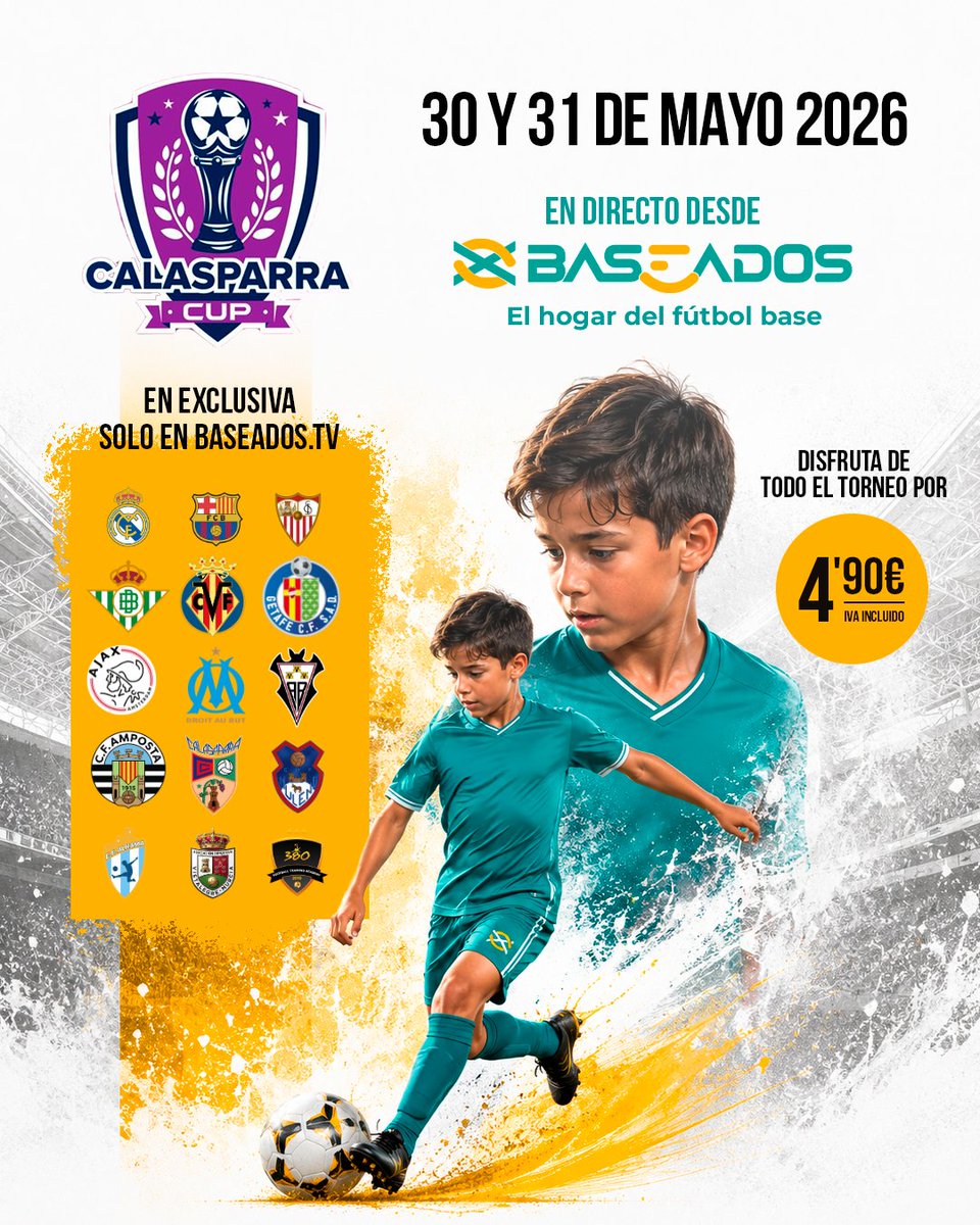 LiberaTelecom's tweet photo. Este finde hay fútbol base de alto nivel en Murcia. La Calasparra Cup reúne a Real Madrid, Barça, Sevilla y los mejores equipos locales en un torneo que puedes ver en directo por solo 4,90€. ¿Eres cliente de Libera? Lo tienes gratis 👉 https://t.co/14uN2zMSL5 https://t.co/ShWS6HmkID