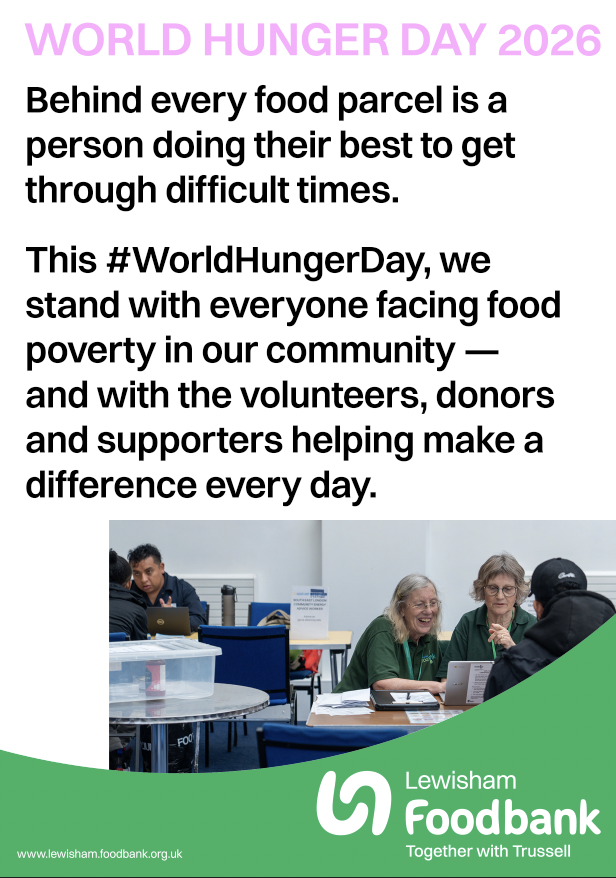 lewishamfood's tweet photo. Hunger is happening here in Lewisham. This #WorldHungerDay, we’re raising awareness of the growing number of people struggling to afford essentials. Food banks shouldn’t be the norm — but while people need us, we’ll be here.

💚 Donate, volunteer or share. https://t.co/qIQ2ZOtL48