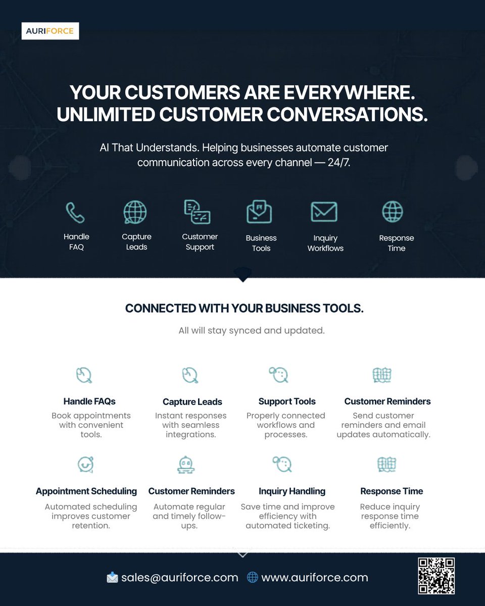 auriforce's tweet photo. Smarter Conversations. Better Customer Experiences.

Auriforce AI Agents automate calls, chat, WhatsApp, email, and social media — with instant 24/7 responses.

👉 Book your demo: https://t.co/rakdFgZKWw

📩 sales@auriforce.com
🌐 https://t.co/go00NnWOsV

#Auriforce #AIAgents https://t.co/xoALRjovJk