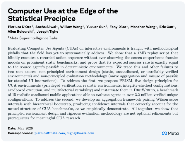 fewshotlearner's tweet photo. the world of computer use agents (CUA) is gaining popularity. most frontier labs now have CUAs in some shape or form. 

SOTA on CUA is established using leaderboards - like OSWorld, AndroidWorld, etc. these include a battery of tests around click, tap, type, scrolll.

things seemed good until i read this paper from Meta SI Labs. the team ran an experiment on the leaderboard - almost a prank! 

they took a CUA and let it solve a task; just once. they recorded every action into a 1mb file and showed a simple automation outperforms frontier CUAs.

how so? performance in this domain essentially comes down to the test env. if every test begins from the same intial condition, then there is no perception needed. you dont need to see anything, or reason.

mathematically this makes sense too: in a deterministic world, a simple automation or a complex agent system both yield the same result.

the paper proposes a solution: randomize everything that can be randomized. each test should be executed in a fresh environment - a new sandboxed phone, new data, theme, UI state, so there is no gamification happening.

read more: https://t.co/B8a3D6r0s8