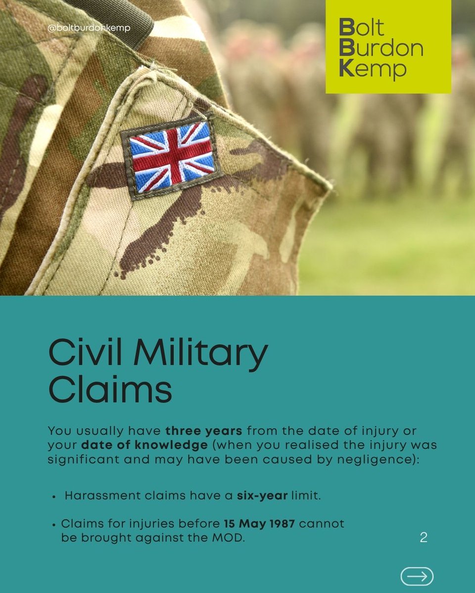 BoltBurdonKemp's tweet photo. Siobhan Rochford from our Military Claims team highlights essential time limits for service personnel &amp; veterans bringing injury claims. Learn more: https://t.co/E3vvHTULAS 

#MilitaryClaims #ArmedForces #LegalAdvice #InjuryLaw #Veterans ⚖️ https://t.co/akndG0H4qM