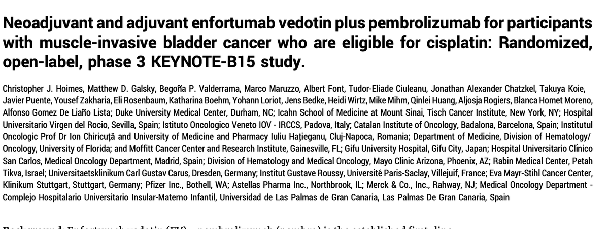 drenriquegrande's tweet photo. ⚡️ Phase 3 KEYNOTE-B15/EV-304 at #ASCO26: perioperative EV + pembrolizumab vs gemcitabine/cisplatin in cisplatin-eligible MIBC.

EFS HR 0.53. pCR 55.8% vs 32.5%. OS HR 0.65.

First regimen in 25 years to surpass cisplatin-based neoadjuvant chemotherapy in MIBC.

@mattgalsky @ASCO #BladderCancer 

https://t.co/7zGdhVKvdD