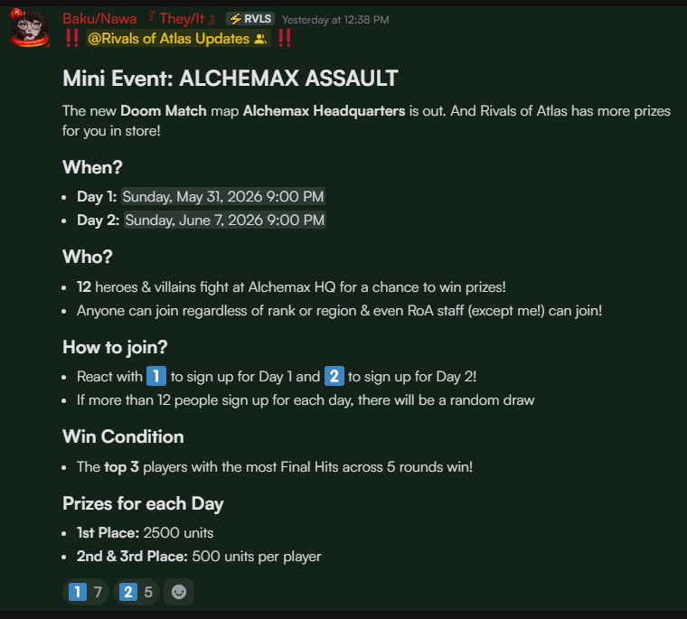BakunawaVT's tweet photo. Join #RivalsOfAtlas βΌοΈ ALCHEMAX ASSAULT βΌοΈ
1st place wins a huge $25 worth of units while 2nd & 3rd place gets $5 worth of units! All that, just by fighting in Doom Match against other heroes & villains? Sounds like a good deal to me!
Discord link in bio. https://t.co/EPRH6qhXt0