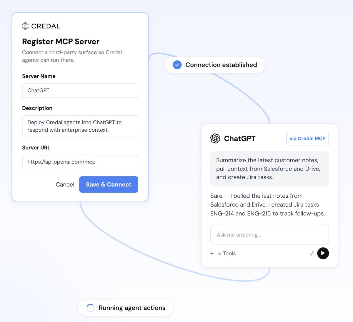 diskotekke's tweet photo. Deploy agents anywhere you work
From chat surfaces to workflow tools, Credal agents meet your teams where they already work, without adding extra platforms to manage.

Deploy to chat interfaces like Claude, ChatGPT, Cursor, or any MCP-compatible surface, Slack or API

Inherits enterprise context so tool calls are always accurate without redefinition

Eliminate agent sprawl with one unified registry