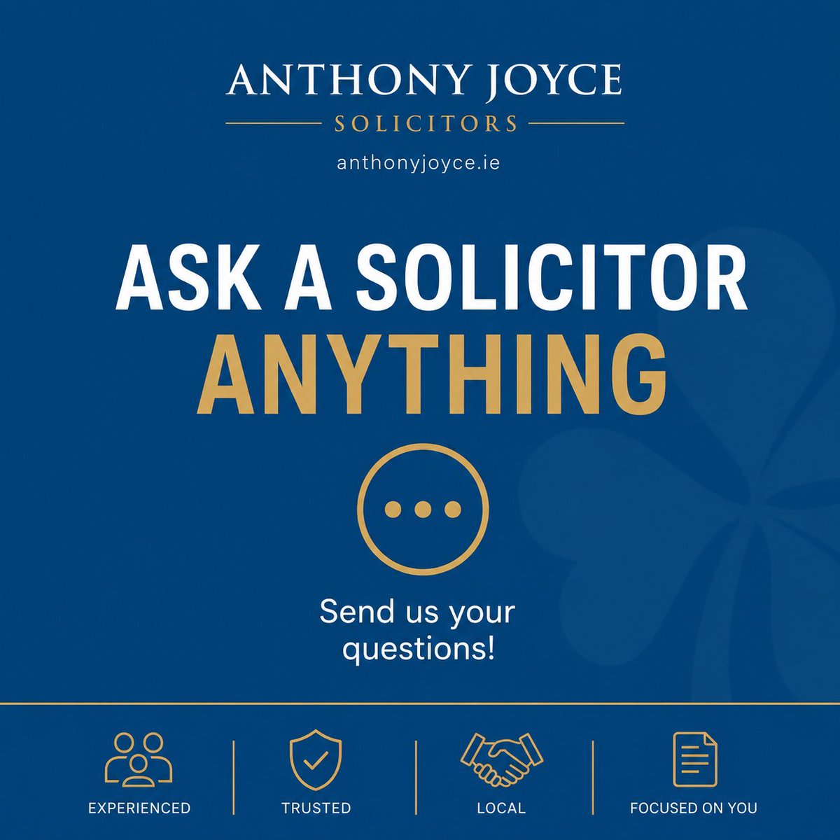 _AnthonyJoyce's tweet photo. ⚖️ ASK US ANYTHING

Property.
Personal injury.
Probate.
Disputes.
Conveyancing.
Contact us - https://t.co/9AMmiIPWWT
Clear advice. Straight answers. Practical support.
#IrishLaw #DublinSolicitor #AnthonyJoyceSolicitors #PropertyLaw #PersonalInjury https://t.co/I2c2nw7oCV