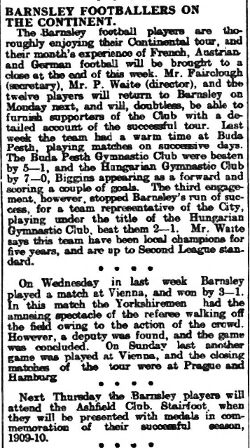 BarnsleyFCOTD's tweet photo. After Barnsley appeared in the 1910 FA Cup Final, there was considerable interest in the club in Europe and it resulted in the Reds undertaking a tour and playing several matches on the continent. On this day in 1910, 'papers reported on the tour... #BarnsleyFC https://t.co/dHFiF4rjF5
