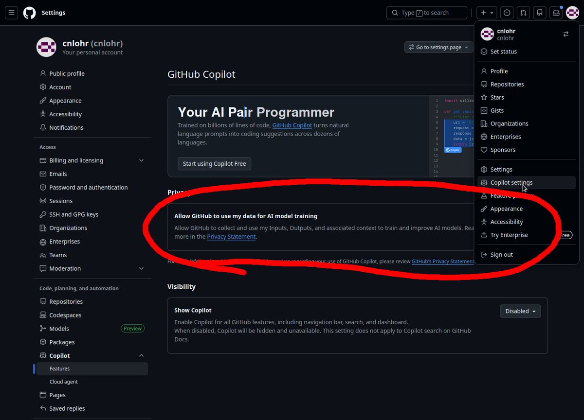 cnlohr's tweet photo. I do not understand how this was turned on after I opted out of it the first time it was written.

Y'all make sure this junk is offfffff on your githubs.  It makes me wonder if there's some legal recourse for them opting me into this. I'm so fed up with github. https://t.co/blicCoRxPS