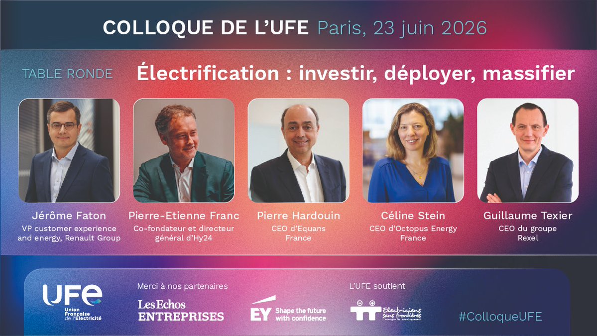 ufelectricite's tweet photo. Le 23 avril dernier, le @gouvernementFR a publié son plan pour #ElectrifierLaFrance, avec un cap clair : porter la part de l’électricité de 27 % à 34 % de la consommation finale d’énergie d’ici 2030, puis à 38 % en 2035.

Cette ambition ne pourra devenir réalité qu’à une condition : accélérer dès maintenant la mise en œuvre du plan.

Investir dans l’outil productif, déployer les infrastructures et les solutions dans les territoires, massifier les équipements électriques auprès des ménages comme des entreprises. Désormais, place à l’exécution : les filières s’organisent.

Industriels, énergéticiens, équipementiers, distributeurs, investisseurs : toute la chaîne de valeur est appelée à se mobiliser pour transformer les annonces en réalisations concrètes dans l’industrie, la mobilité, le bâtiment et le numérique. Le rendez-vous cette semaine à l’Élysée de l’« Équipe de France de l’électrification » a d’ailleurs illustré cette volonté collective d’accélérer le passage à l’action et de fédérer l’ensemble des acteurs autour d’une même ambition.

C’est précisément l’objet de la table ronde « Électrification : investir, déployer, massifier », qui réunira le 23 juin prochain au #ColloqueUFE celles et ceux qui portent déjà cette dynamique sur le terrain.

Jérôme Faton, VP Customer Experience and Energy de @renaultgroup, Pierre-Étienne Franc, cofondateur et directeur général d’@Hy24partners, @pierre_hardouin, CEO d’@Equans_France, Céline Stein, CEO d’@OctopusEnergyFr, et Guillaume Texier, CEO du groupe @Rexel_Group, échangeront lors de cette séquence animée par Jérémie Haddad d’@EYFrance.

Nous vous invitons à vous inscrire dès à présent pour y participer et contribuer aux débats : https://t.co/5mZhL5gflY