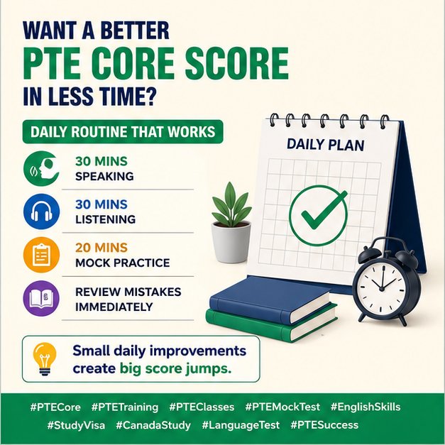 ptetrainer's tweet photo. Want a better PTE Core score in less time?

Daily routine that works:
✅ 30 mins speaking
✅ 30 mins listening
✅ 20 mins mock practice
✅ Review mistakes immediately

Small daily improvements create big score jumps.

#PTECore #PTETraining #PTEClasses #PTEMockTest #EnglishSkills #StudyVisa #CanadaStudy #LanguageTest #PTESuccess