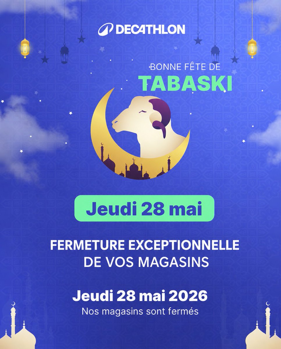 decathlonsn's tweet photo. ✨ Toute l’équipe vous souhaite une très belle fête de Tabaski, remplie de partage, de paix et de beaux moments en famille. À cette occasion, nos magasins seront exceptionnellement fermés le jeudi 28 mai. Dewenaty 🌙

#tagatyaramnieuplawar #readytoplay #sport https://t.co/KYG60aUTsF