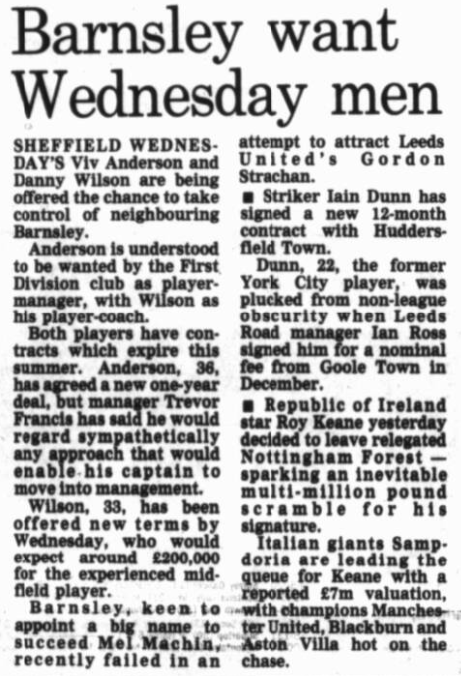 BarnsleyFCOTD's tweet photo. On this day in 1993, 'papers reported that having failed in an attempt to get Gordon Strachan from Leeds, the Reds were moving for Viv Anderson and Danny Wilson from Sheffield Wednesday to replace departed manager Mel Machin.. #BarnsleyFC @LUSCgriffinLUFC #DannyWilson https://t.co/pd5deq21LM