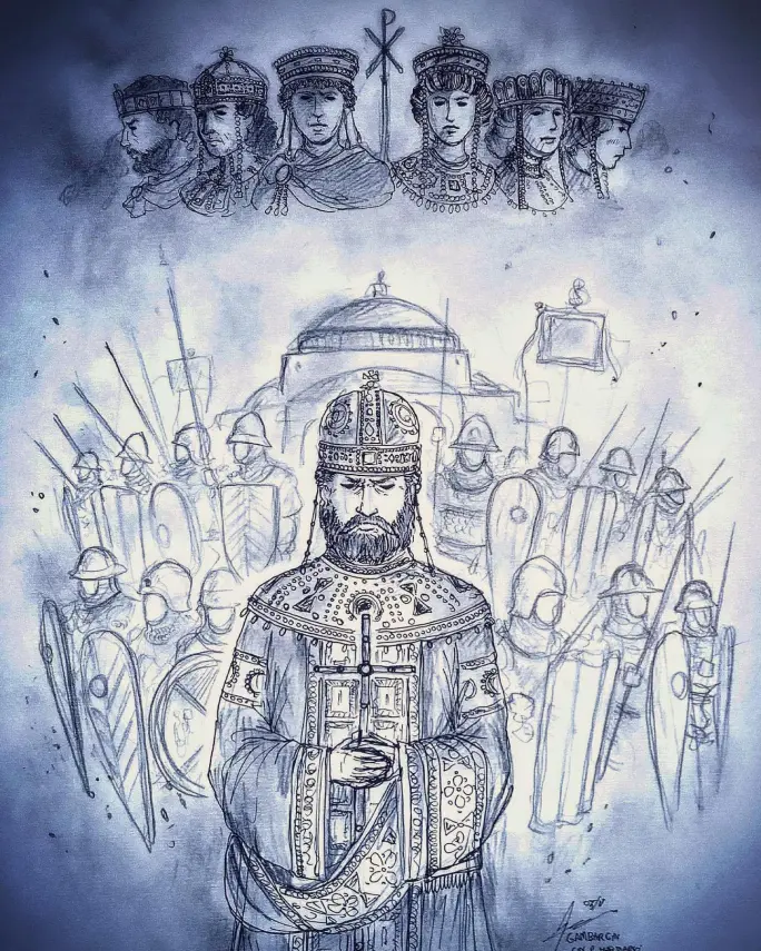CatImperator's tweet photo. Constantine XI, the last Roman emperor. 

His predecessors watching from above, left to right: Basil II, Alexios I Komnenos, Justinian I, Theodora, Irene, Zoe Porphyrogenita

It is May 28 - The Roman Empire is having one more day to live.

🖼️Gambargin https://t.co/4TJvZhnJmR