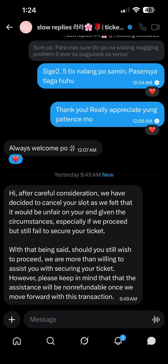 HoseokSlave's tweet photo. BE CAREFUL WITH @/dobinini ticketing assistance! 

After nila kunin details niyo, sasabihin cancel ang slot niyo. Jusko. So if ever di magwork yung 6 membership codes namin nang friends ko, alam na.  Scammer galawan! #bts #arirang #bkk #ticketassistance #btscon https://t.co/y5TtcuPsbB