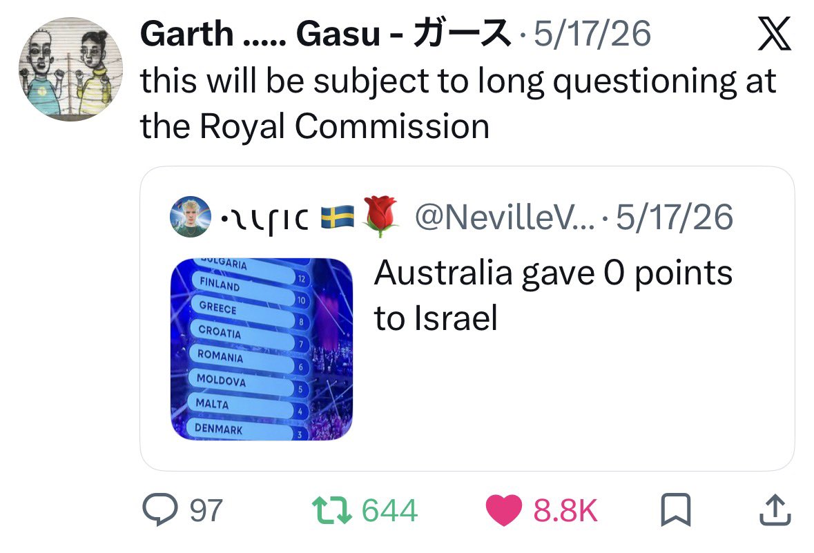 caitoz's tweet photo. When Israel received no points from Australia at Eurovision, Australians joked that the government was going to treat it as a menacing act of antisemitism, because that’s how crazy things have gotten down here. Now here’s an Australian senator treating the vote like a hate crime. https://t.co/R2GgLKXZ0B