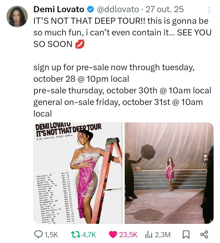 projeto_lovato's tweet photo. Demi Lovato tu tem demanda🇧🇷

O anúncio da It's Not That Deep Tour no Brasil já possui mais curtidas do que o próprio anúncio do início da turnê. https://t.co/S2DPr6CeDh