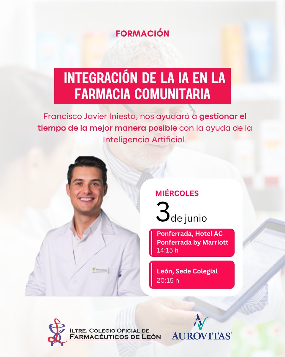 COFLeon's tweet photo. 🤖 Formación sobre IA aplicada a la farmacia comunitaria.

⏳ Gestión del tiempo
📲 Herramientas digitales
💊 Innovación en farmacia
📅 3 junio · León y Ponferrada https://t.co/EOMa70mxYL