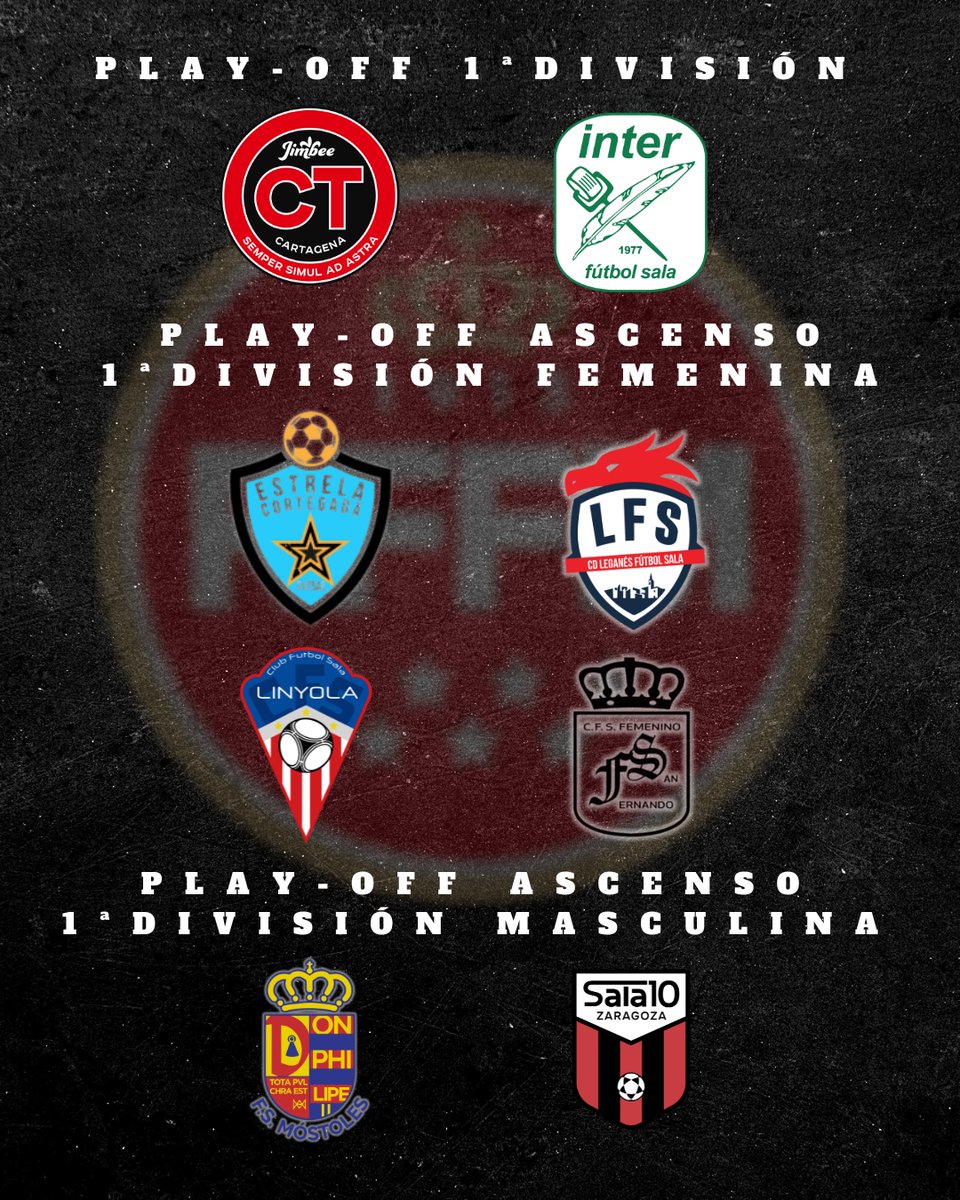 RFFM_FutbolSala's tweet photo. 🔝Fin de Semana importante para los equipos madrileños de Fútbol Sala.

➡️ Primer partido Play-Off 1ª División
Cartagena Costa Cálida - @InterMovistar 
29/05/2026 - 20:15

➡️ Ida Play-Off Ascenso 1ª División Femenina
@NaranjaSanfer  - CFS Autoescola Urgell Linyola
30/05/2026 - 18:00

➡️ Ida Play-Off Ascenso 1ª División Femenina
@CDLeganesFS_Fem - Estrela Futsal
30/05/2026 - 18:30

➡️ Primer partido Ascenso 1ª División
Wanapix Sala 10 - @1mostolesfs 
30/05/2026 - 20:15
