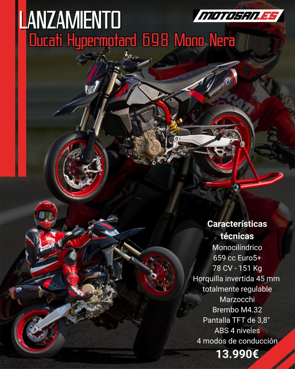 Motosan_es's tweet photo. Con una llamativa decoración totalmente negra, llantas rojas y unas prestaciones técnicas muy interesantes, la nueva Ducati 698 Mono Nera llega para ampliar la gama Hypermotard @ducatiesp
#Ducati #698 Mono #Nera #2026 #Hypermotard https://t.co/q7xe3G3QQ2