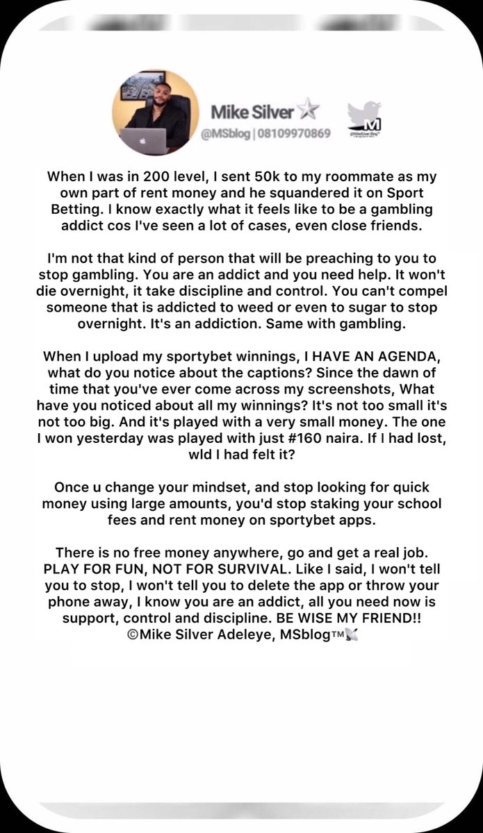 MikeSilverbird's tweet photo. I'm not that type of person that will come and be preaching to you to stop betting on #Sportybet. Quiting an addiction doesn't work that way. Start playing for fun not for survival. Read this again, but slowly this time. Peace be unto you. https://t.co/f4WDrtGolN