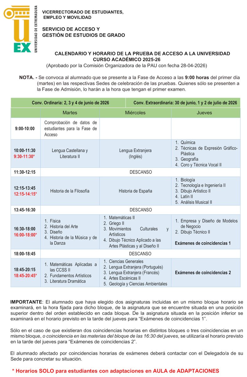 IesSuarez's tweet photo. La sede de la PAU será el Recinto Ferial de Zafra.
Consulta el calendario.
Se recomienda al alumnado revisar detenidamente los horarios y acudir a las pruebas con la suficiente antelación y con la documentación necesaria.
Mucho ánimo y éxito en esta importante etapa académica. https://t.co/xRhvsa9hSv