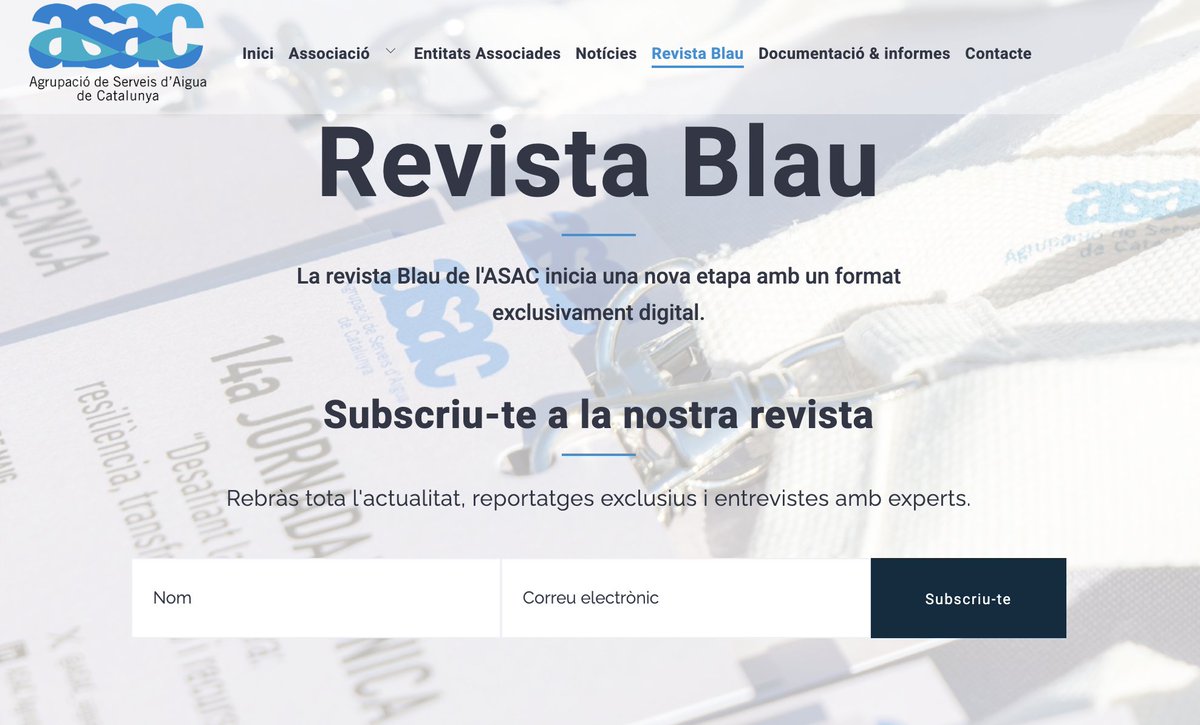 ASAC_aigua_cat's tweet photo. Subscriu-te a la #RevistaBlau per rebre continguts especialitzats sobre la gestió i el futur del sector de l’#aigua.

Descobreix les entrevistes i els reportatges exclusius relacionats amb la #sostenibilitat, la #gestióhídrica i la innovació.

👉 https://t.co/j9PxvCN4k4 https://t.co/v2THXQaWsk