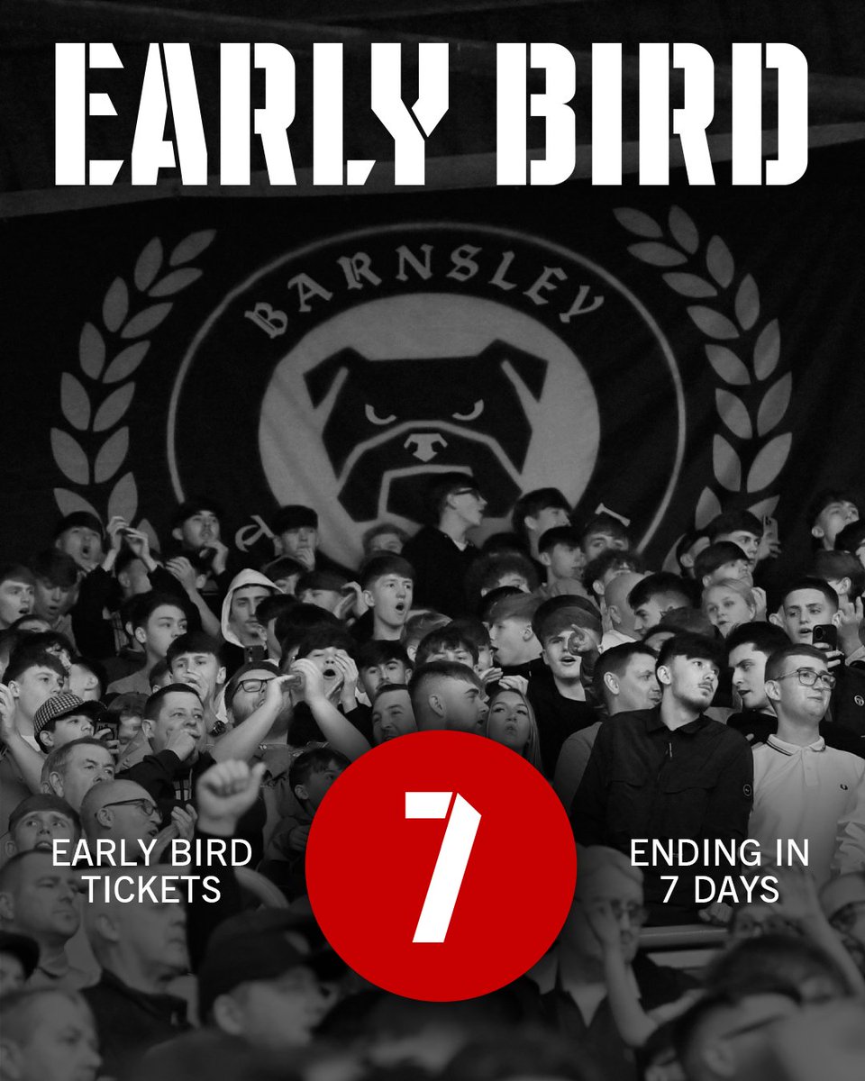 BarnsleyFC's tweet photo. ONE WEEK until our Early Bird period ENDS!

Don't miss out on the chance to watch Barnsley for the lowest season ticket price, and gain access to many benefits, including:

- 20% Off Mascot Packages
- Hospitality Upgrade Savings
- Away Ticket Priority

🎟️ https://t.co/2MPV9sKVso https://t.co/xxiwKS0dvy