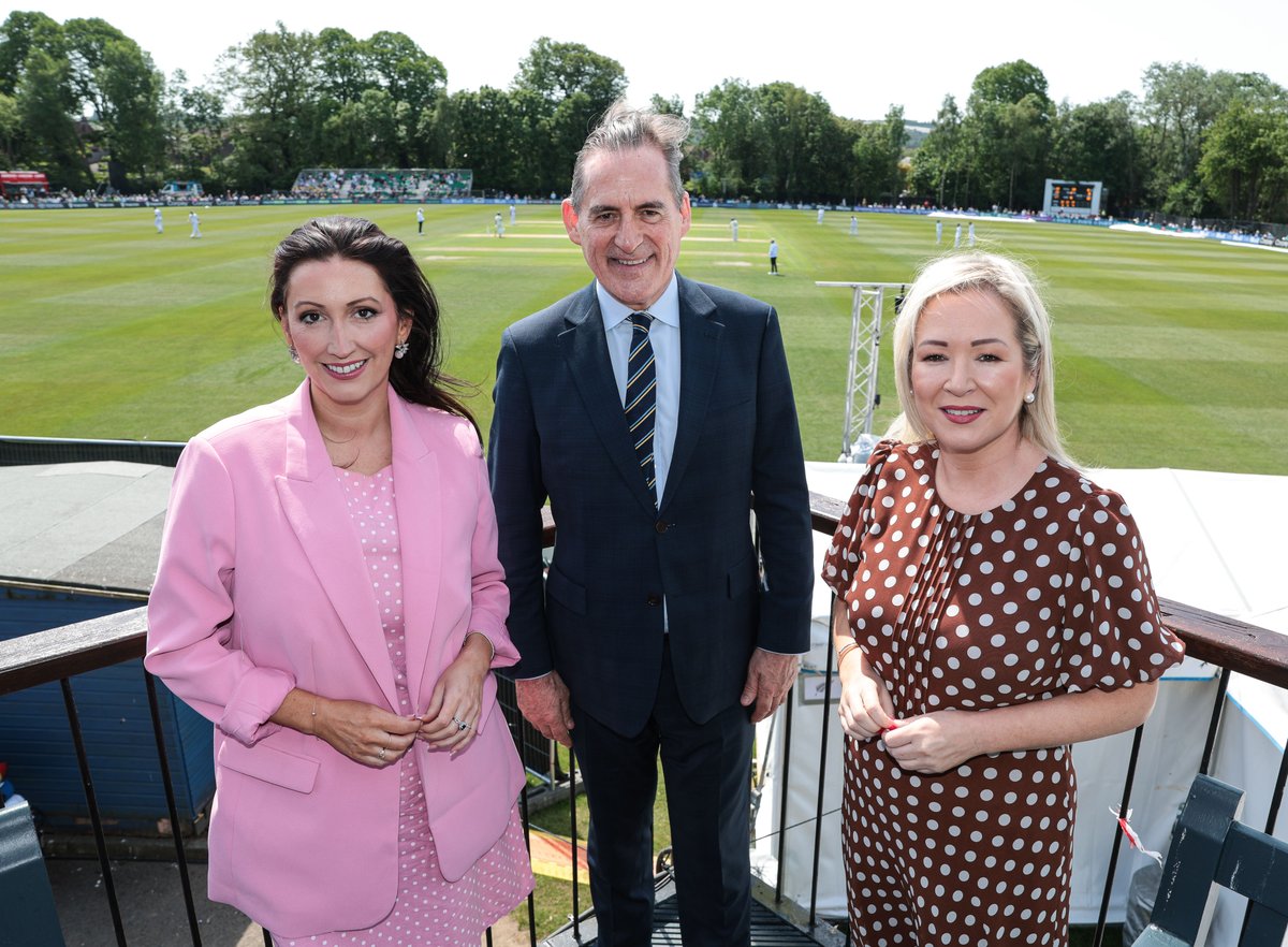 niexecutive's tweet photo. First Minister Michelle O’Neill and deputy First Minister Emma Little-Pengelly called in to the opening day of the Ireland v New Zealand Test match at a very sunny Stormont. 
The First Minister and deputy First Minister also met with New Zealand’s High Commissioner, His Excellency Mr Hamish Cooper, and welcomed the staging of such a significant sporting event in Belfast, saying it will help to showcase what we have to offer on the world stage. #IREvNZ