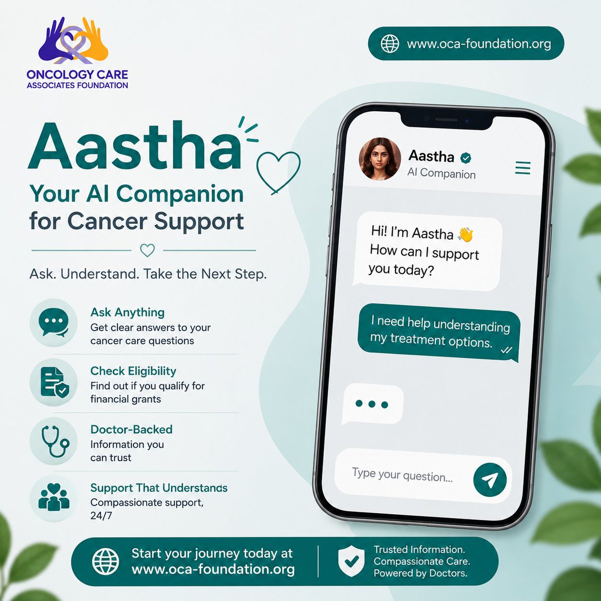 OCA_Foundation's tweet photo. Meet Aastha 💙
Your AI Companion for Cancer Support.

Trusted guidance, doctor-backed information &amp; financial grant support — whenever you need it.

🌐 https://t.co/Nbyx0HMyE4

#AasthaAI #CancerSupport #HealthcareAI #OCAFoundation https://t.co/brRCZt59DR