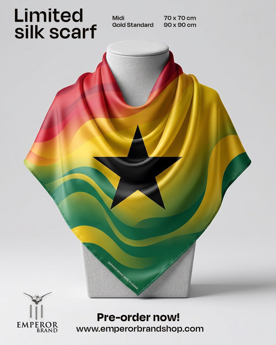 Emperorbrand's tweet photo. Ghana just made the most fire silk scarf on the planet 🔥🇬🇭
Limited edition — don't sleep on this. 
Pre-order now → https://t.co/WafbDEKL31
#EmperorBrand #MadeInGhana #GhanaFashion #SilkScarf #LimitedEdition   #FifaWorldCup2026
#worldcup https://t.co/QLodlEtFnb
