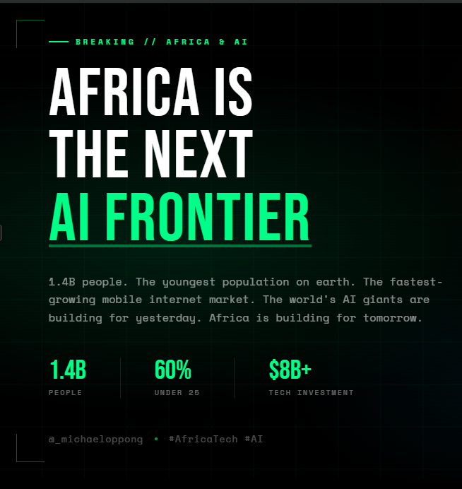 footballkingMC's tweet photo. The world's AI giants are building for yesterday. Africa is building for tomorrow.
1.4B people. 60% under 25. Fastest-growing mobile internet market on earth.
The next AI frontier isn't Silicon Valley. It's here.
🌍 #AfricaTech #AI #Ghana https://t.co/e4CyaKkCxU