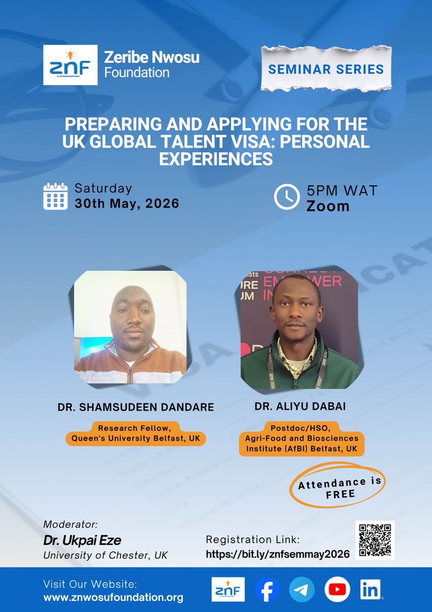 znf2021's tweet photo. ZNF Seminar Series | May 2026

Join ZNF’s upcoming seminar as professionals share insights on the UK Global Talent Visa.

Date: Saturday, May 30, 2026
Reg. Link: https://t.co/9w55czKG6R
Time: 5PM WAT
Venue: Zoom

🎟️ Attendance is FREE https://t.co/MMify2GxiT