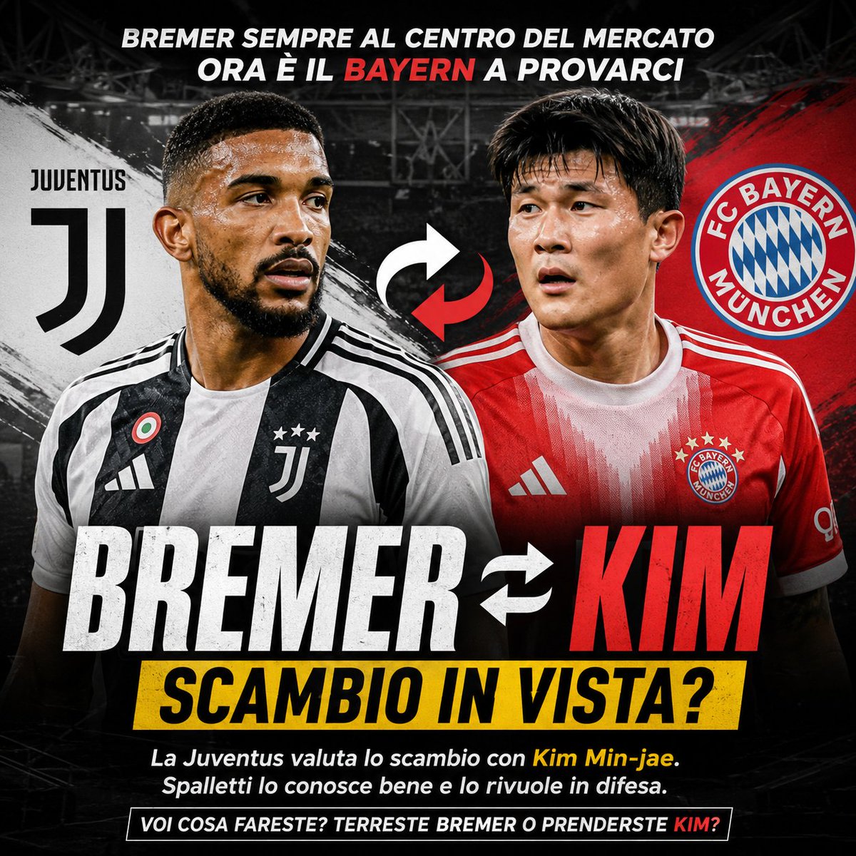 Footballover75's tweet photo. Bremer continua ad attirare le big europee: dopo la Premier ora ci prova anche il Bayern Monaco. La Juventus valuta uno scenario clamoroso con Kim Min-jae sullo sfondo.
Terreste Bremer o accettereste lo scambio? 👀⚪⚫
#Juventus #Bremer #Kim #Bayern #Calciomercato https://t.co/wgIsG03CxD