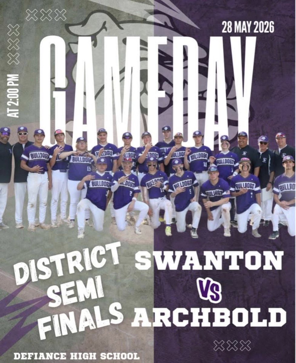 SwantonAD's tweet photo. Good luck to our baseball team today as they travel to Defiance High School to take on Archbold in their District Semi Finals game. First pitch 2pm #packthestands #GoBulldogs https://t.co/vg8iSGHaGY