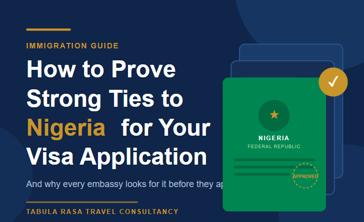 tabularasacons's tweet photo. Most Nigerian visa applications get rejected not because of bad intentions, but because the officer isn't convinced you'll come back home.

That's where strong ties come in.

Here's exactly what embassies look for, and how to prove it 👇

Blog Post: https://t.co/LiHvjPQCUx https://t.co/FnIBTpoMuW