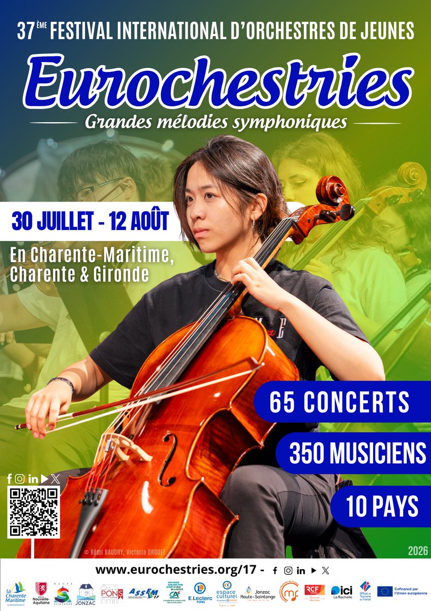 Eurochestries17's tweet photo. ✨ Plus que quelques semaines avant de vous retrouver !
Au programme :
• 350 jeunes musiciens de 15 à 25 ans
• 10 pays représentés
• En Charente-Maritime, Charente et Gironde

Toute la programmation sera bientôt disponible sur notre site internet : https://t.co/RxxLeUJcrN https://t.co/DFkBs1F9li